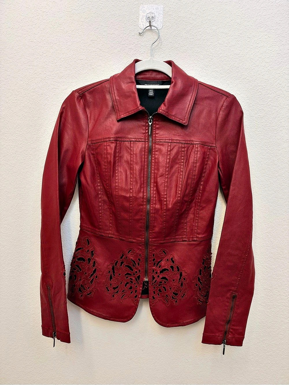 White House Black Market Red Laser-Cut Faux Leather Jacket Size 0 Like New